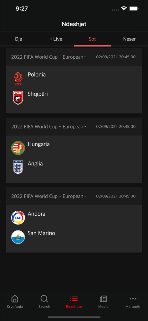FSHF App - FSHF App showing the match schedule and results for FIFA World Cup European Qualifiers