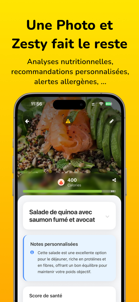 Zesty - Photo Calories - Interfaz de la aplicación Zesty mostrando una foto de una ensalada de quinua y salmón con conteo de calorías y notas nutricionales.