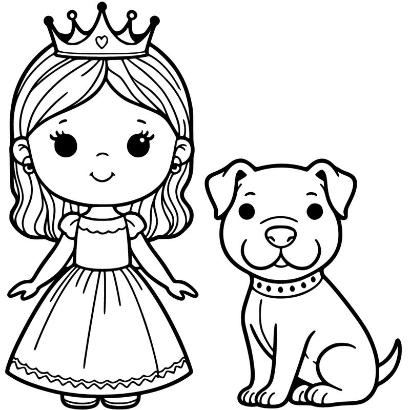 a 11 year old girl with a pit bull by her side and a crown and really ĺong dress on