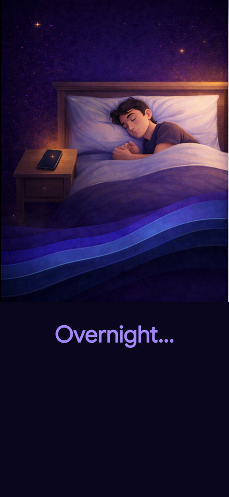 夜間に静かに眠る男性と、睡眠音を記録するナイトスタンドのスマートフォンを描いたイラスト。