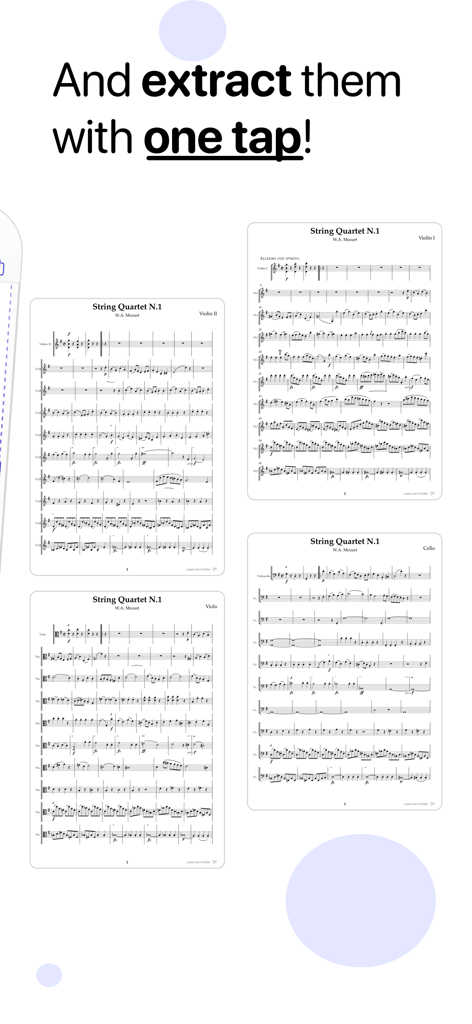A screenshot of Partifier app showing extracted individual parts for a Mozart string quartet