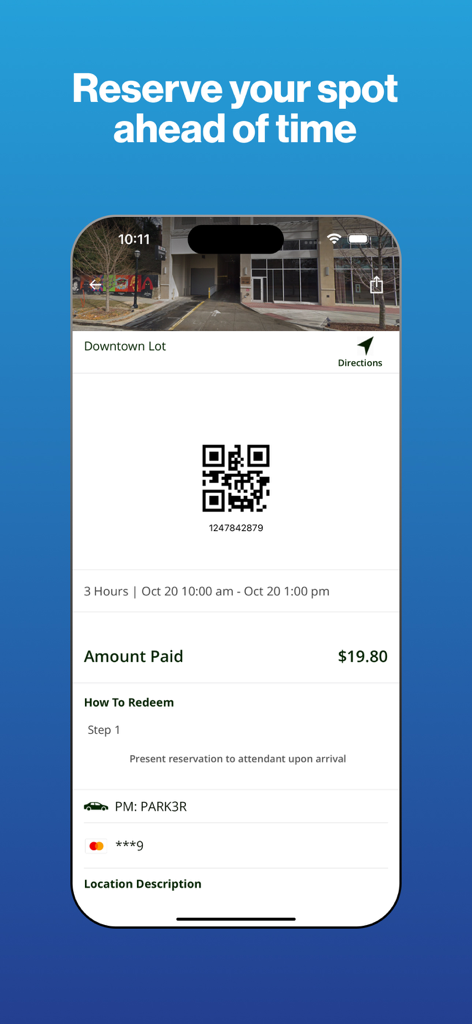 MKE Park app interface showing a parking reservation confirmation with a QR code for a downtown lot