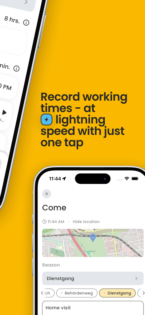 Interface of the timeCard GO app displaying a one-tap working time recording feature with location tracking