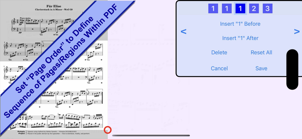 Sheet Show - Interfaz de la aplicación Sheet Show mostrando cómo establecer el orden de las páginas y las regiones dentro de un PDF de música.