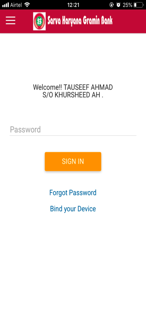 SHGB mBanking login interface showing a password field and sign in button