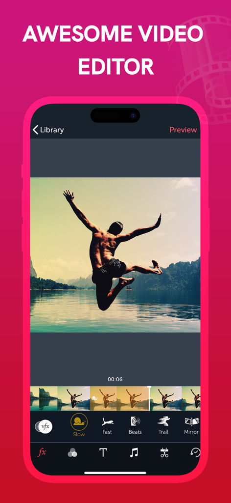 Vizmato: Video Editor & Maker - Interface of the Vizmato video editor app showing a slow motion effect applied to a video of a person jumping into water.