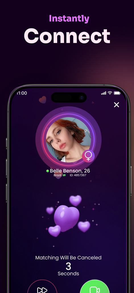 Pantalla de smartphone de la aplicación Lovi que muestra la función de conexión instantánea con el perfil de un usuario y un temporizador de cuenta atrás para la coincidencia.