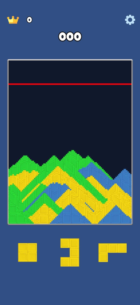 Interfaz del juego móvil Sandy Blocks con pilas de arena de colores y bloques de puzle