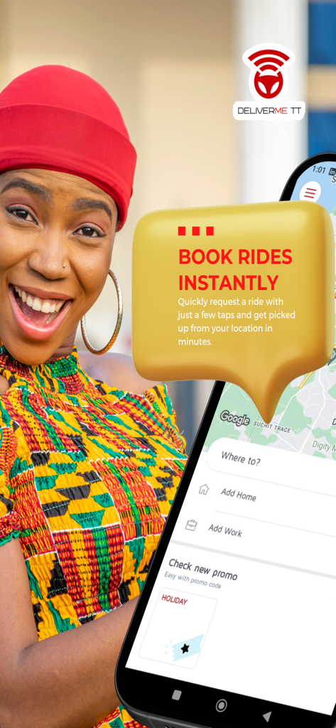 A smiling woman with a smartphone displaying the DeliverMe TT taxi booking app interface
