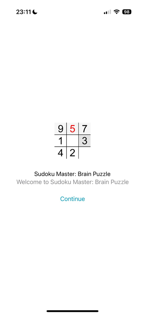 Sudoku Master: Brain Puzzle - Welcome screen of Sudoku Master Brain Puzzle app showing a 3x3 grid and a continue button