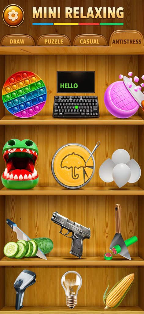 Menú de Mini Juegos Antiestrés Relajantes mostrando varios mini juegos satisfactorios en una estantería de madera