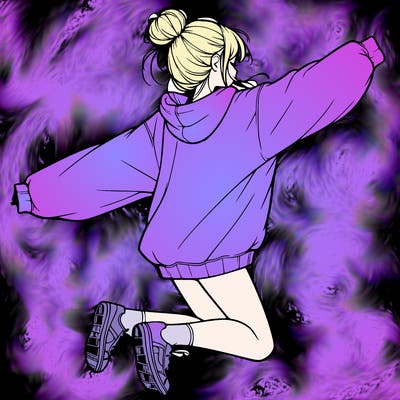 realistic girl jumping with a bun and oversized sweatshirt