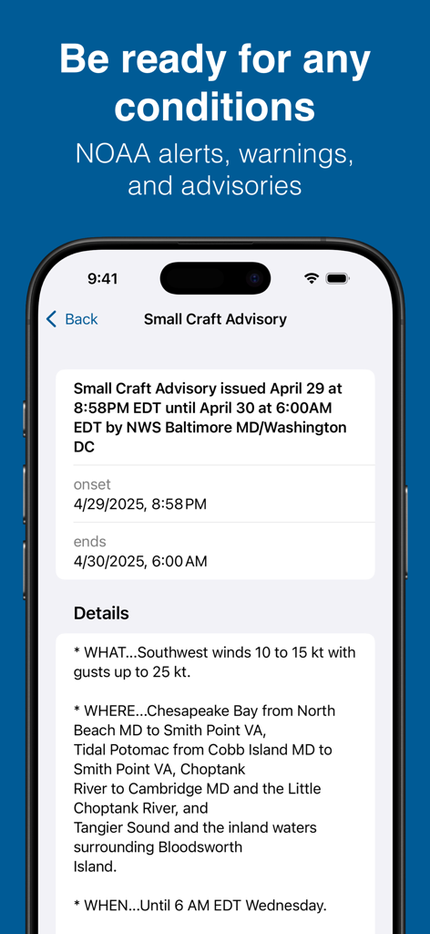 iPhone screen showing a NOAA Small Craft Advisory with wind and location details in the Buoycast app.