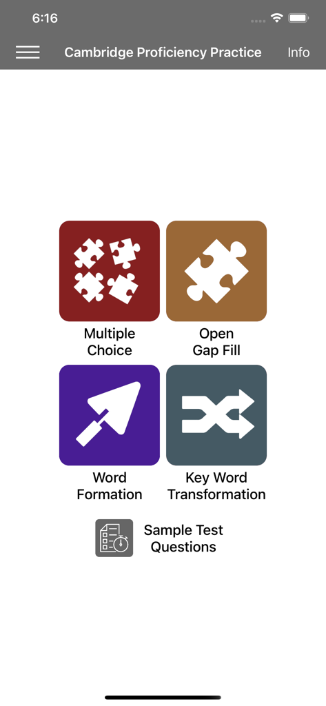Cambridge Proficiency C2 Prep - Main menu of the Cambridge Proficiency C2 Prep app showing exam practice categories including Multiple Choice and Word Formation