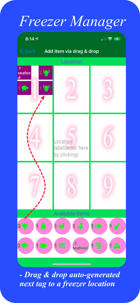FreezerManager - Interface de l'application FreezerManager montrant la fonction glisser-déposer pour assigner des articles alimentaires à des emplacements numérotés du congélateur.