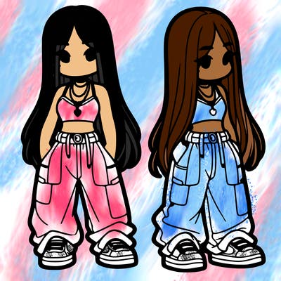 girl in baggy pants crop top and long hair