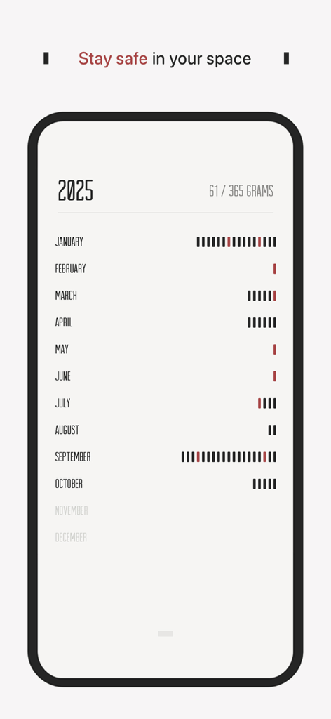 DayGram - One Line a Day Diary - A minimalist E-ink style yearly overview in the DayGram app showing monthly journaling progress with vertical bars and a counter.