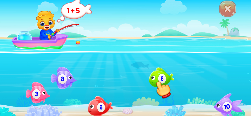 A math learning game for children featuring an addition problem and numbered fish in an underwater scene