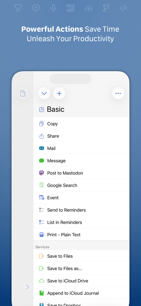 Screenshot of the Drafts app showing a list of actions to export text to other apps and services.