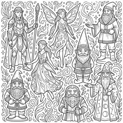 Step into a realm of magic with our Fantasy Character Statues coloring page, featuring majestic elves, graceful fairies, and charming gnomes. This detailed line art invites you to bring these mythical beings to life with your favorite colors.