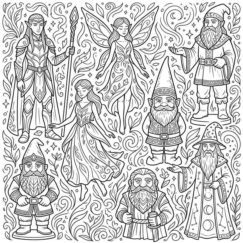 Step into a realm of magic with our Fantasy Character Statues coloring page, featuring majestic elves, graceful fairies, and charming gnomes. This detailed line art invites you to bring these mythical beings to life with your favorite colors.