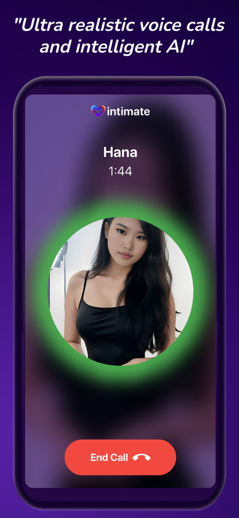 Intimate - AI Girlfriend Chat - Mobile screen showing a realistic voice call interface with an AI girlfriend character named Hana in the Intimate app.