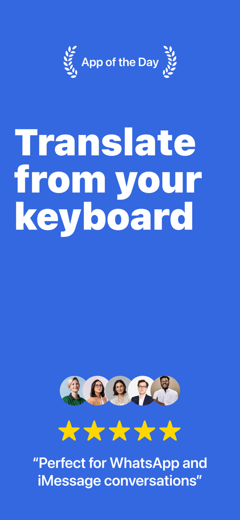 Translator Keyboard: Transly - Promotional screen for Transly keyboard translator showing five star reviews and text saying Translate from your keyboard perfect for WhatsApp and iMessage