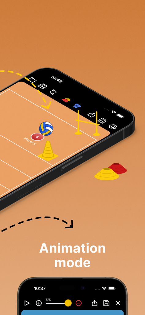 Coach Tactic Board Volley app interface showcasing the animation mode for volleyball drills and tactical plays on a smartphone screen