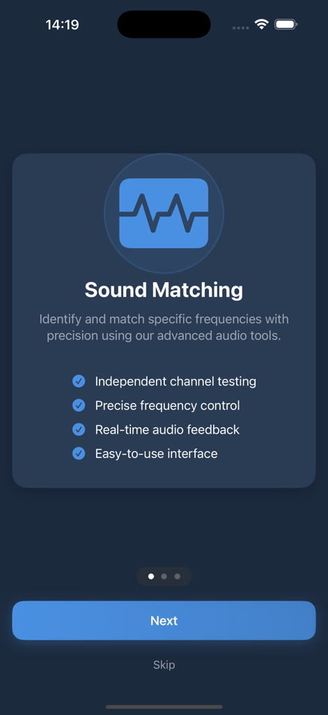 Onboarding screen for Tinnitus Relief app describing the Sound Matching feature and its audio tools.