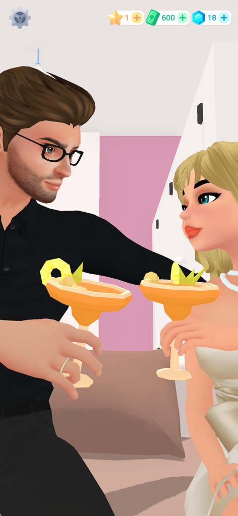 ロマンチックなシーンで、アニメーションの男性と女性がカクテルグラスを合わせている。