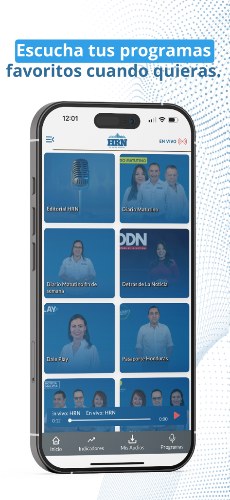 Aplicación móvil Radio HRN mostrando una selección de programas de radio y podcasts para la comunidad hondureña.
