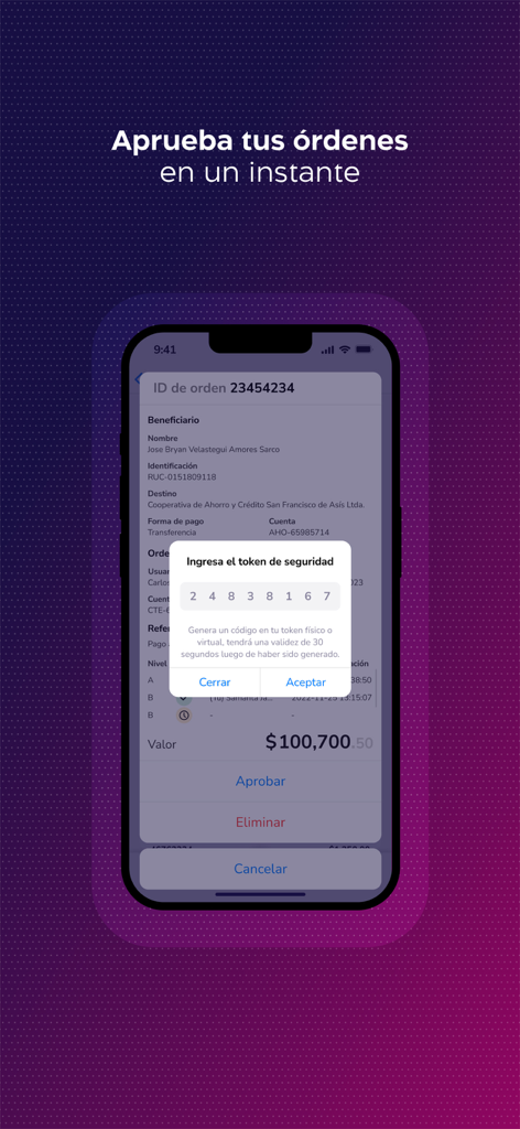 Empresas Banco Guayaquil - Mobile screen showing a business order approval with a security token popup in the Empresas Banco Guayaquil app.