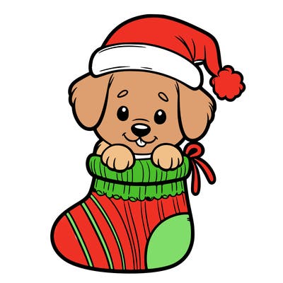 cute puppy wearing santa hat in socking