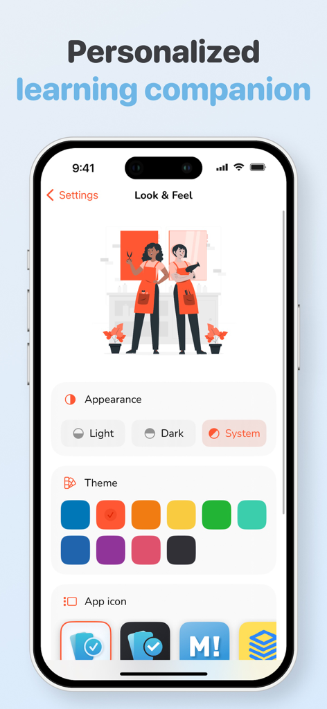 Memorize app customization screen showing light and dark mode options and various color themes.
