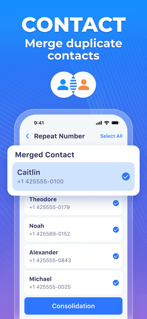 HyperClean - Phone Cleaner - Pantalla de la aplicación HyperClean mostrando una lista de contactos duplicados y un botón de consolidación para fusionarlos