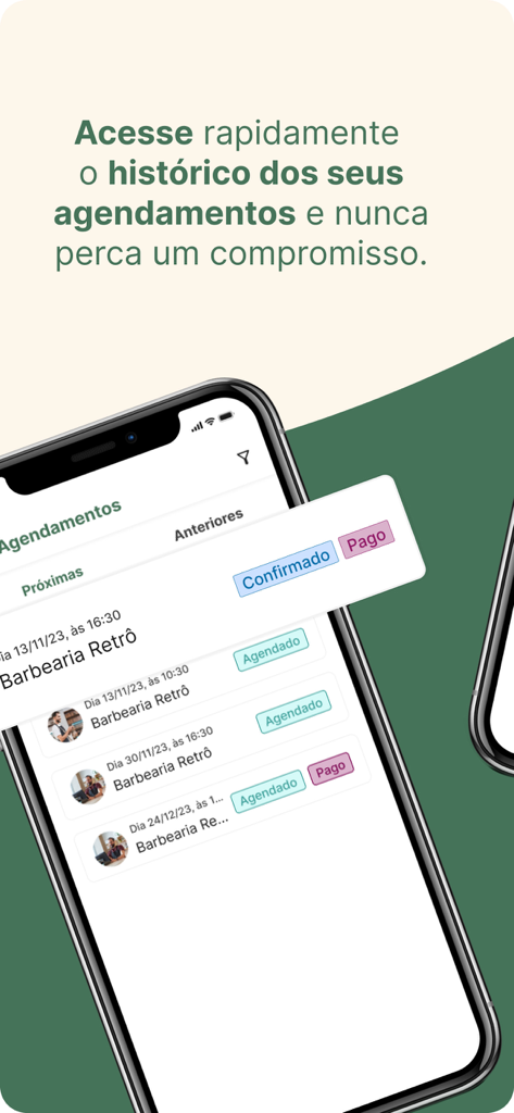 Barbearia Retrô. - Smartphone screen showing the appointment history and scheduling list in the Barbearia Retro app.