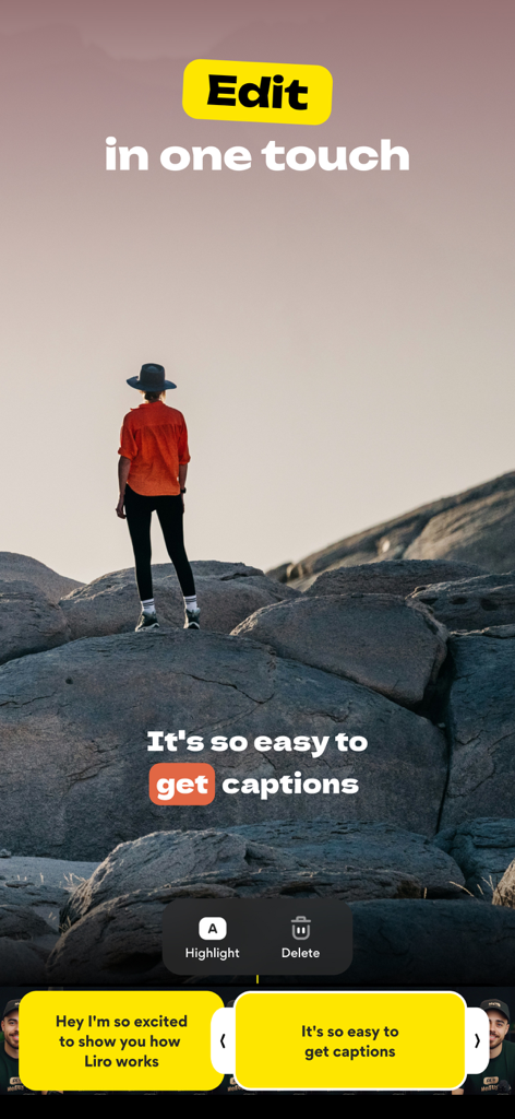 ワンタッチで簡単な動画キャプション編集のためのLiroアプリインターフェースのスクリーンショット