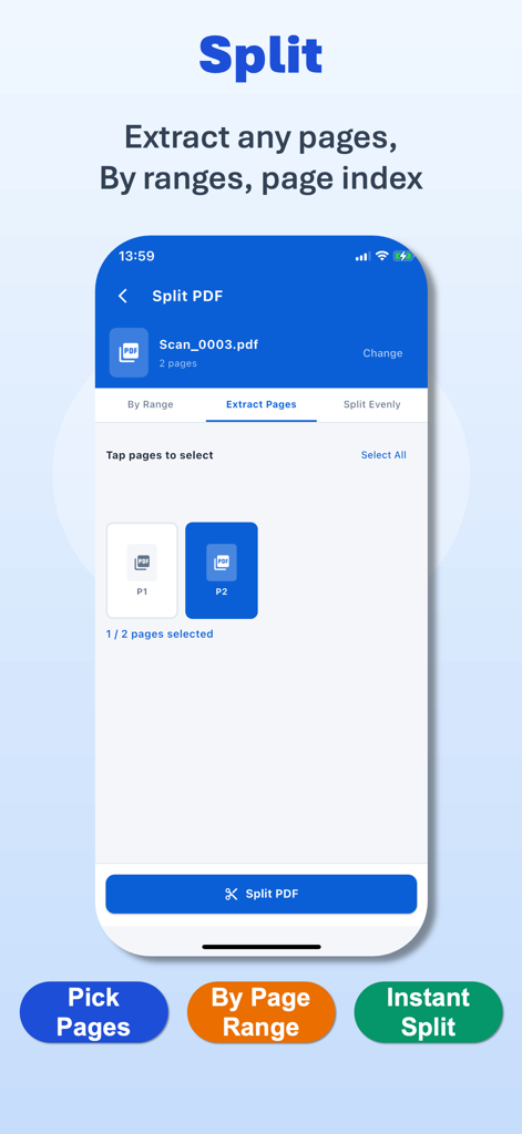 PDF Maker: Scanner & Converter - Interfaz de la aplicación móvil mostrando la función de división de PDF con opciones para extraer páginas específicas y dividir por rango
