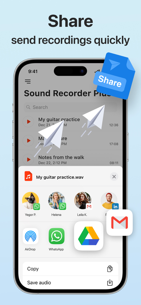 Voice Recorder - Dictaphone - A smartphone screen showing the share menu in the Sound Recorder Plus app with options to send audio recordings via WhatsApp and Gmail