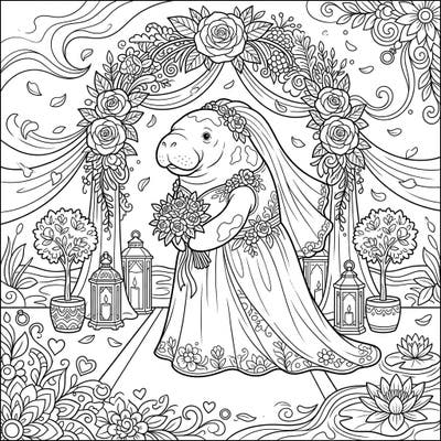 Celebrate a whimsical union with this adorable Amazonian Manatee wedding coloring page. Immerse yourself in a romantic scene featuring a manatee bride, lush floral arches, and festive decorations, ready for your artistic touch.