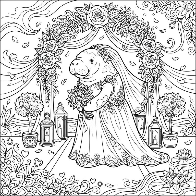 Celebrate a whimsical union with this adorable Amazonian Manatee wedding coloring page. Immerse yourself in a romantic scene featuring a manatee bride, lush floral arches, and festive decorations, ready for your artistic touch.