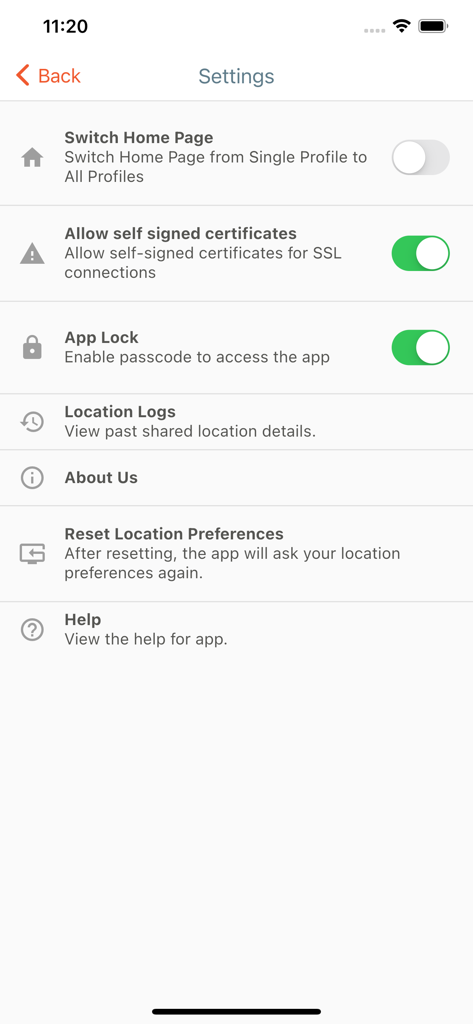 Accops HyID - Settings screen of the Accops HyID app showing security and configuration options like App Lock and SSL certificates.