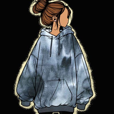 realistic girl with a oversized sweatshirt on and a bun