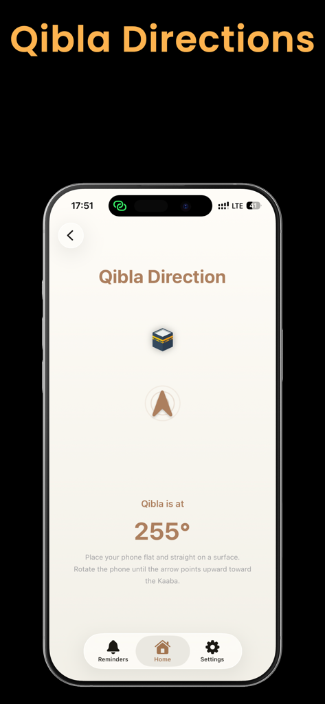 Capture d'écran de l'application Manzil montrant le localisateur de direction de la Qibla avec une boussole pointant vers la Kaaba.