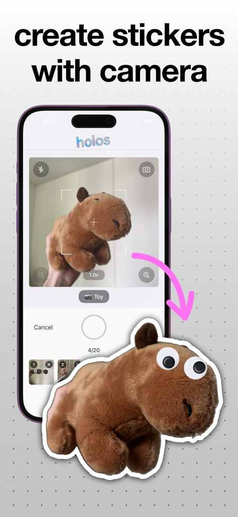Un écran de téléphone portable montrant l'application holos créant un sticker à partir d'une photo d'une peluche capybara à l'aide de l'appareil photo.