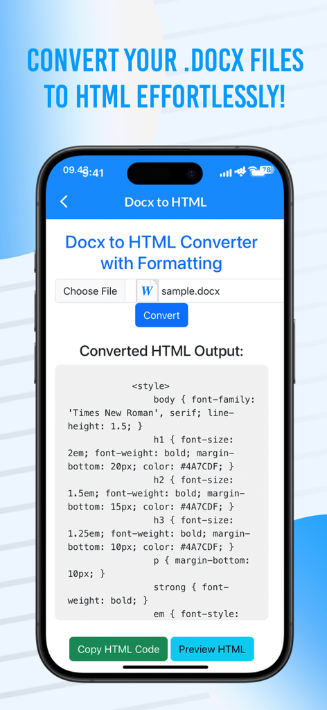 Interface de l'application Convertisseur Word en HTML affichant le code HTML converti à partir d'un fichier Docx sur un écran d'iPhone