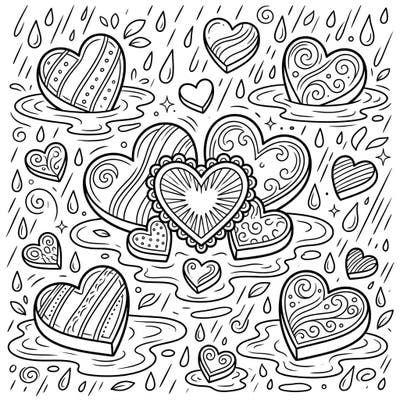 Discover a charming array of decorated chocolate hearts scattered amidst a gentle rain shower. This delightful coloring page combines sweetness with the serene beauty of a rainy day, offering intricate patterns and a cozy atmosphere for creative relaxation.