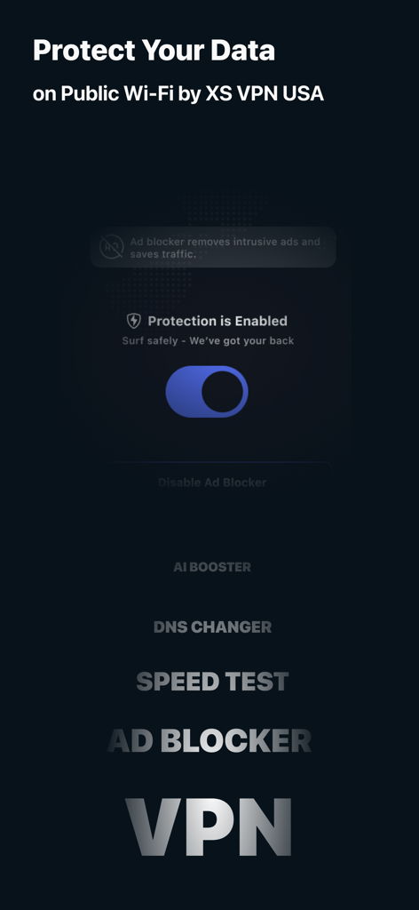 XS VPN: Fast & Secure Proxy - XS VPN interface showing enabled data protection and ad blocker for secure surfing on public Wi-Fi