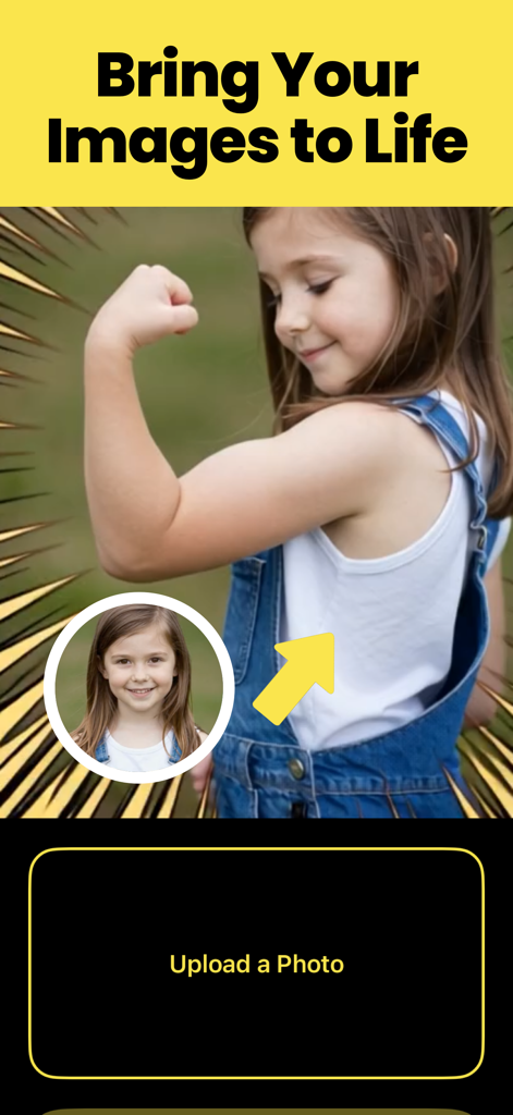 Highfield - AI Video Generator - Highfield AI app interface showing a static portrait of a girl being transformed into an animated video clip with the text Bring Your Images to Life