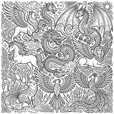 Embark on an epic coloring journey with this stunning page featuring an array of mythological creatures. Bring to life majestic dragons, elegant unicorns, and powerful phoenixes with your favorite colors.